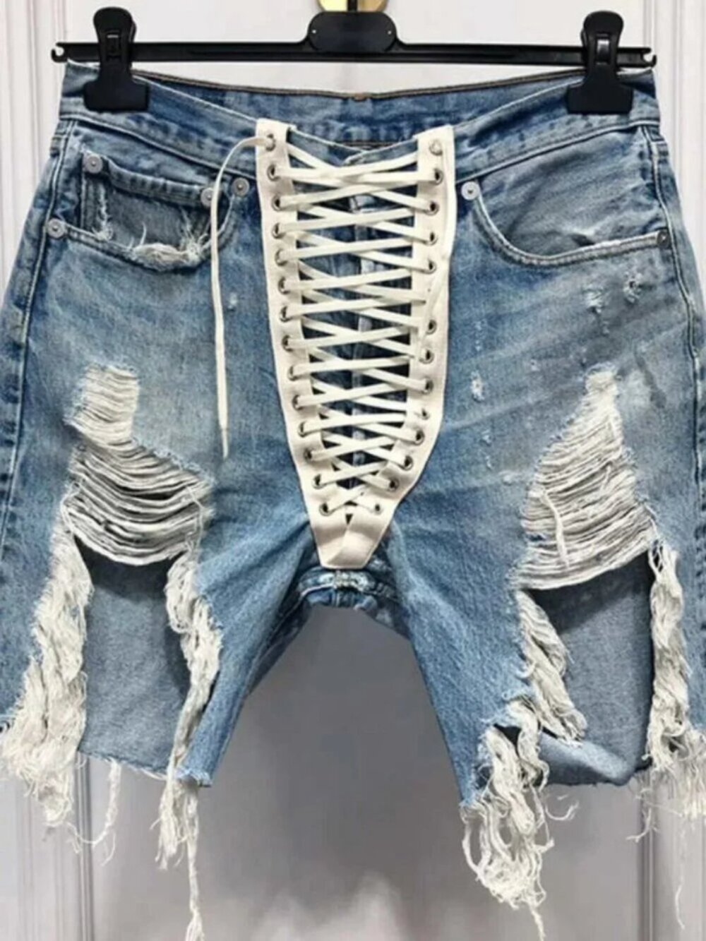 Distressed Shoelace Denim Shorts